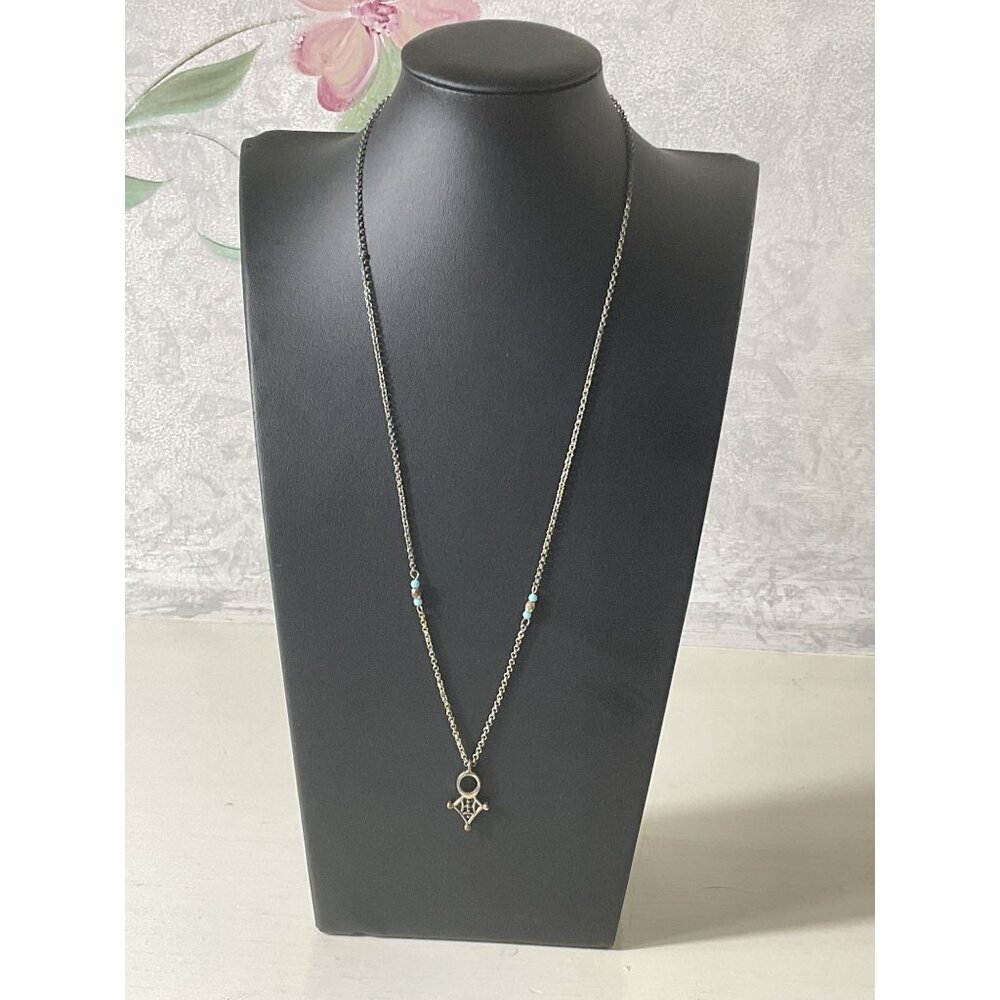 Silver Necklace With Ankh Pendant & Turquoise Beads